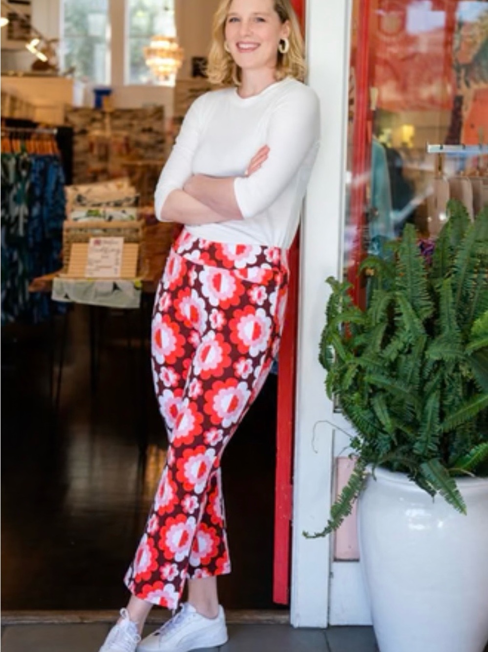 Lesley Evers Retro Floral Knit Pull-On Pants Red Brown Pink Size Small